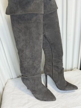 Lost Ink women’s knee high grey suede stiletto boots